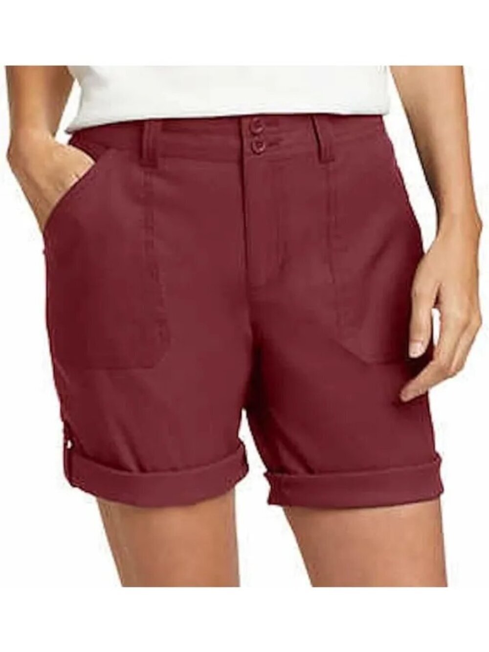 Eddie Bauer Dark Red SPF 50 Moisture Wicking Rolled Tab Bermuda Shorts Women 16